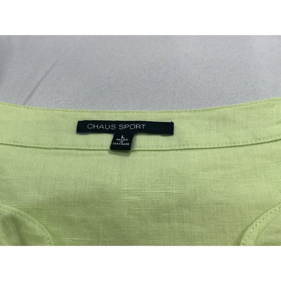 Chaus Sport Neon Green Front Pleating Button Up Linen Blouse Size L - Picture 6 of 6